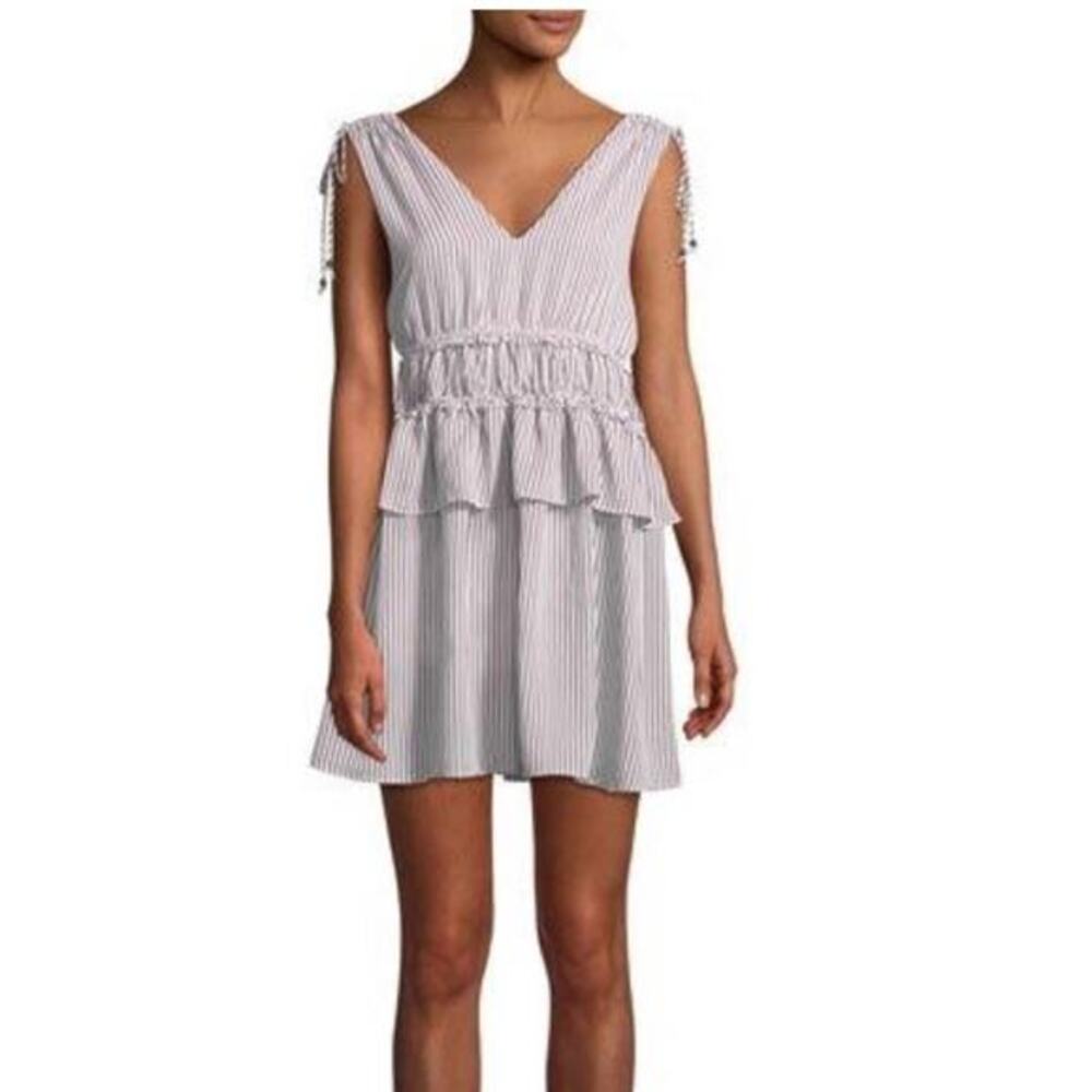 Boutique Line & Dot Ruffle Waist V Neck Mini Dress Sz L